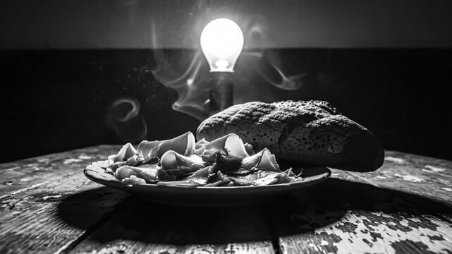 Black and white still life with food on a rustic wooden table illuminated by a glowing bulb