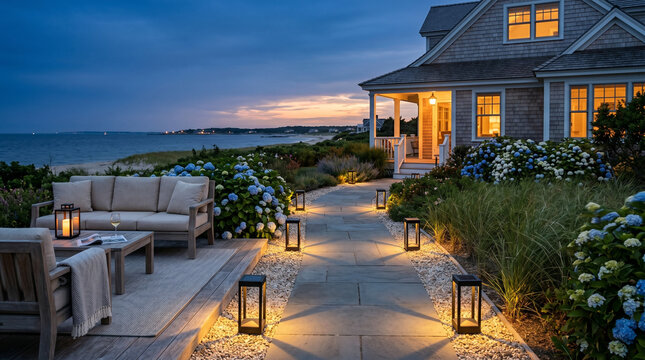 A seaside house stands by the beach as the sun sets. Lanterns light the path leading to the porch. Flowers grow in the garden. The calm sea reflects the dusk sky.