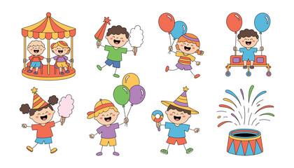 Cartoon circus children illustrations with festive elements for party decorations