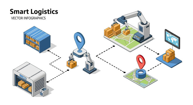 Isometric illustration of smart logistics, showcasing automated warehouses, robotic arms, and delivery tracking systems.