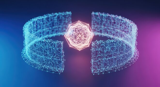 A solid digital barrier surrounds a vulnerable glowing geometric form, illustrating cybersecurity, safety, and defense strategies, cyber, resilience, shield