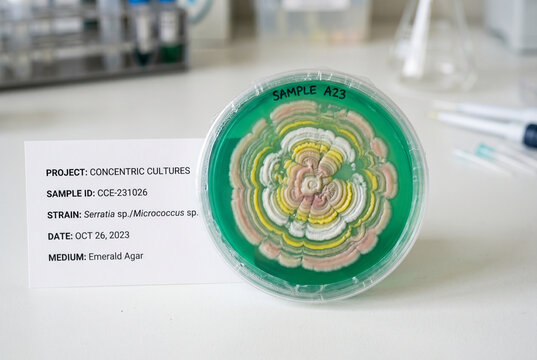 A petri dish contains a green agar medium with distinct growth patterns of Serratia sp. and Micrococcus sp. This sample is part of a project on concentric cultures.