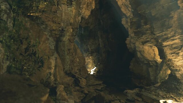 Expansive cavern interior with warm light in KruberaVoronja Cave, broad chamber with layered walls, soft shadows, quiet stillness, mineral stains and sense