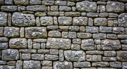Fototapeta premium Detailed closeup view of a rough, ancient drystone wall built entirely without mortar, showcasing natural grey and brown stone textures, rock, ancient, weathered