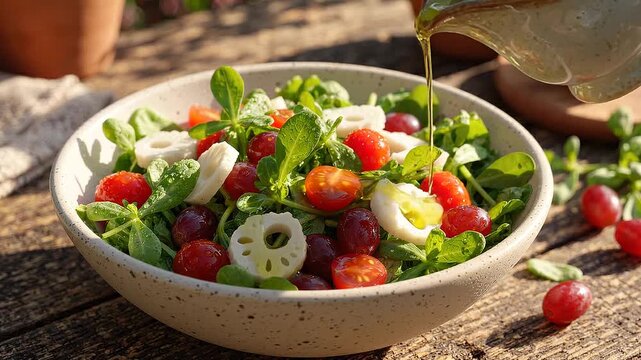 Chef pouring olive oil dressing over fresh garden salad with cherry tomatoes and lotus root in ceramic bowl on rustic wooden table, close-up