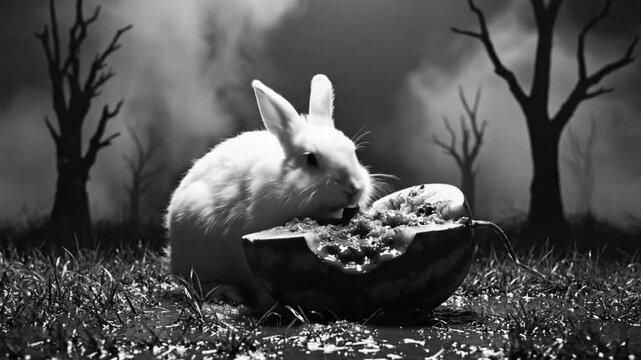 Black and white shot of a fluffy white rabbit eating inside a watermelon rind with spooky trees in the background