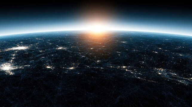 Sunrise illuminates a connected Earth, with glowing city lights and digital grids