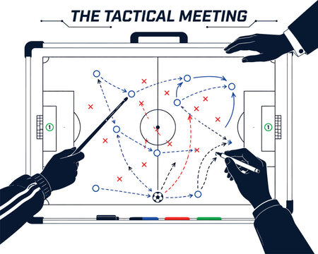 Professional football coaches analyzing complex match strategies on a tactical whiteboard during a high stakes strategic team meeting session today