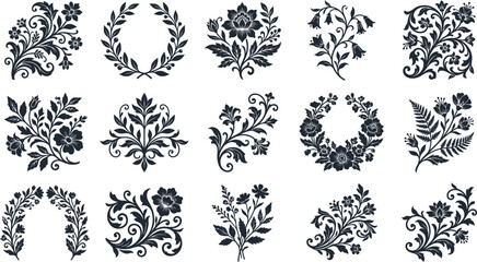 Black floral wreaths and ornate on white background, set of 15 © hr graphics