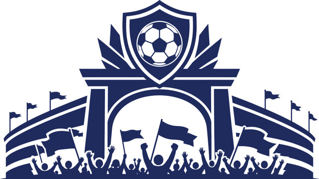 Soccer stadium logo with cheering fans, football club crest emblem, blue sports arena vector with flags and crowd