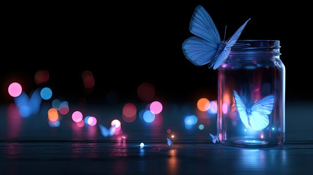 Glowing butterflies emerge from a glass jar amidst colorful bokeh lights