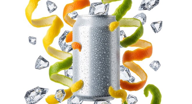 Silver can with splashing colorful fruit slices and ice cubes on white background. lata refresco