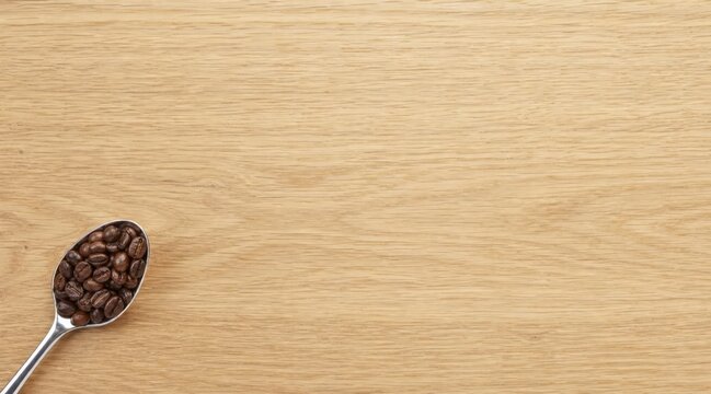 Coffee beans in silver spoon on wooden table