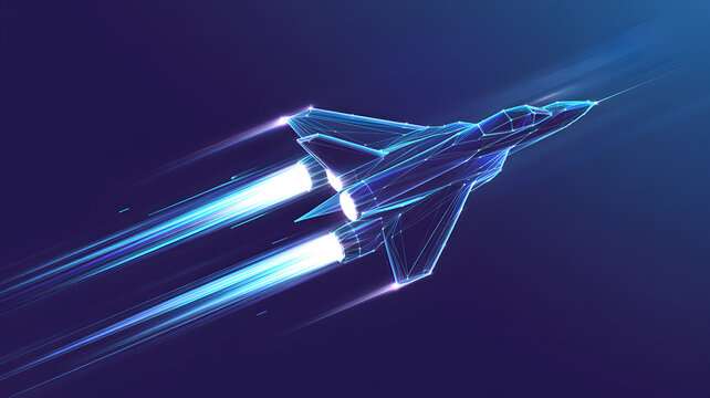 Abstract fighter jet in motion with glowing blue wireframe and fiery exhaust trails during flight