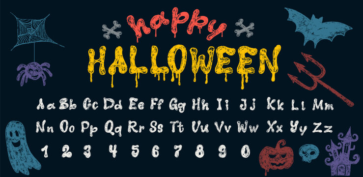 Hand drawn script font uppercase and lowercase letters, numbers for halloween and spooky subjects. Unique creepy font in vector format. Handwritten calligraphy fonts letters abc alphabets halloween.