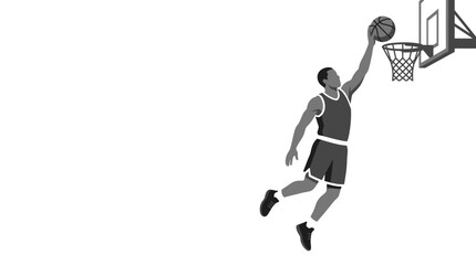 Black and white illustration of a basketball player performing a slam dunk. © aquaa