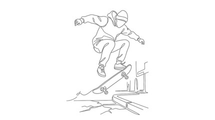 Line art illustration of a young man performing a skateboard jump trick. © aquaa