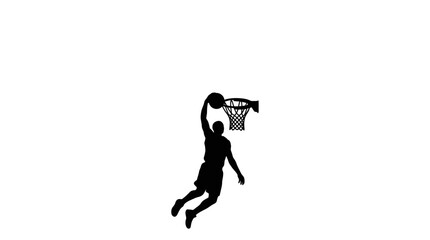 Black silhouette of a basketball player performing a slam dunk. © aquaa