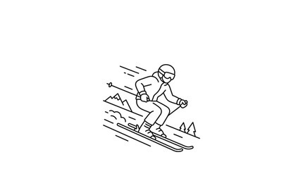 Minimalist line art illustration of a professional skier racing down a mountain slope. © aquaa
