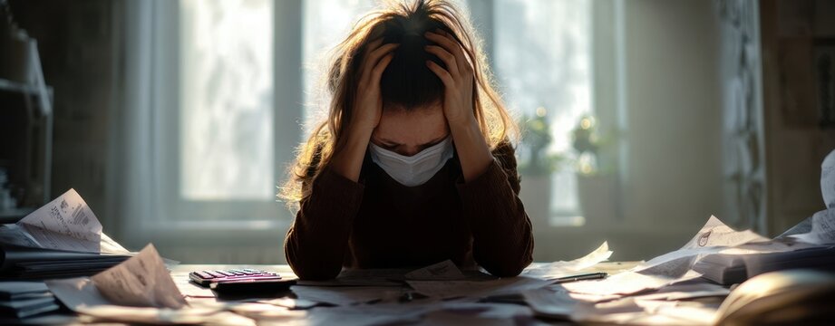The person wearing a facemask overwhelmed by bills and paperwork at a desk