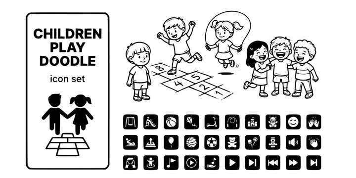 Children Play Doodle Black White-Hopscotch Jump Rope Laughter-Joy Human Vector-Children Icon Doodle-Humanity Design Set