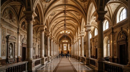 Fototapeta premium Elegant architectural hallway featuring grand arches and decorative details