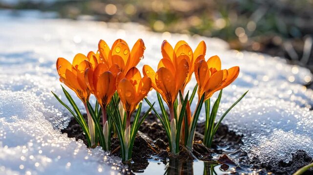 Orange crocus flowers blooming through melting snow in sunlight