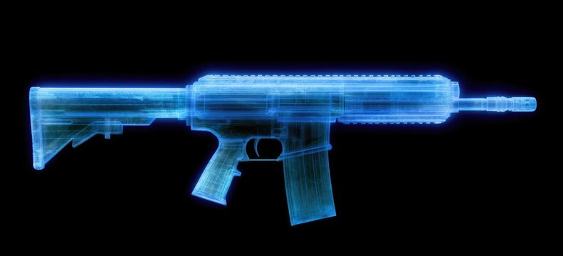 Blue holographic projection of a futuristic assault rifle against a black background