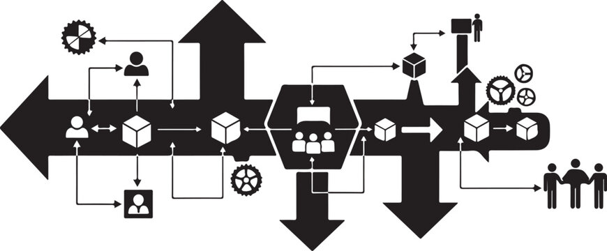 Business process flowchart, workflow diagram, management strategy, organizational structure, black and white vector