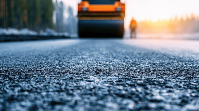 Close-up of freshly paved road surface with steam rising, roller behind