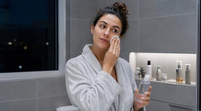 Woman using micellar water in bathroom