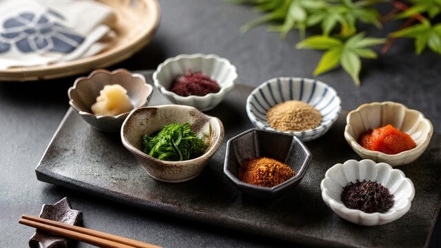  Neatly arranged Japanese condiment dishes with colorful spices, minimalist ceramic table setting. 