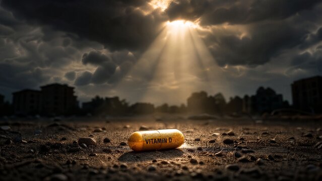 deficiency. A beam of sunlight breaks through clouds onto a neglected vitamin capsule, symbolizing need. ESG reports.