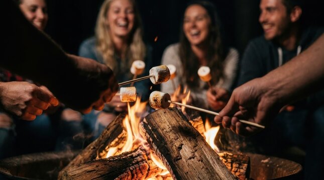Close up shot focusing on silhouetted hands holding sticks with marshmallows over a campfire with a background of people. Night