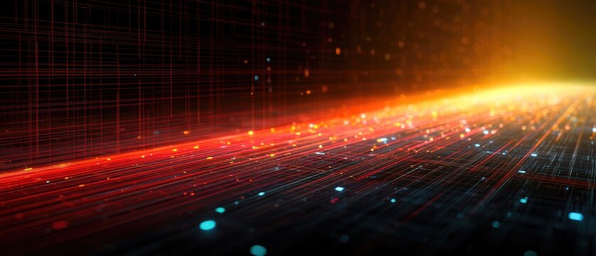 Abstract digital flow of red, orange, and blue light trails on dark grid