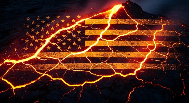 American independence day concept with glowing usa flag on volcanic landscape