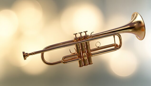 Gleaming golden musical instrument, a trumpet, angled against a soft bokeh background