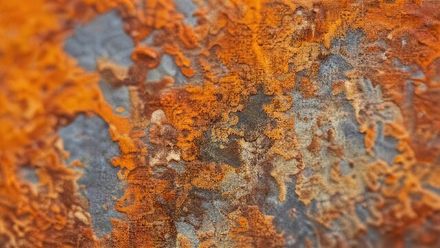  Complex texture of orange rust spreading across a metal surface, abstract close-up. 