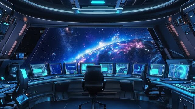 Futuristic mission control room with panoramic cosmic galaxy view giant observation window advanced navigation monitors glowing in dark command center inspired by deep space exploration technology