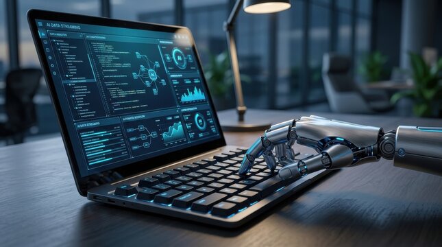 Futuristic robot finger typing on computer keyboard for AI automation and office work. Modern cyber innovation data and smart