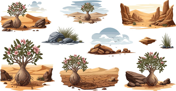 Desert landscape background set featuring adenium rose trees rocks sand dunes and mountains isolated on white background