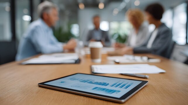 A professional business setting featuring a tablet displaying digital metrics surrounded by documents and suggesting teamwork and strategic planning