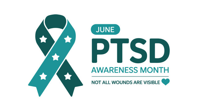 PTSD awareness month green ribbon with stars and text on white background