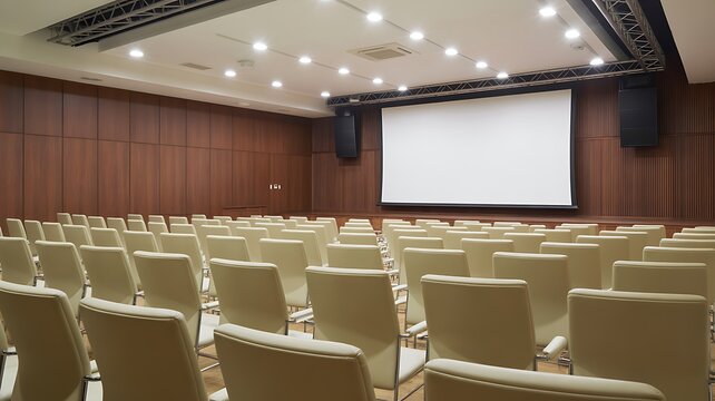 A modern corporate conference room with rows of chairs facing a large screen