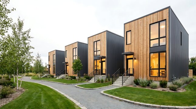 Modern Modular Cubic Houses with Wood Siding in Eco Residential District Panorama