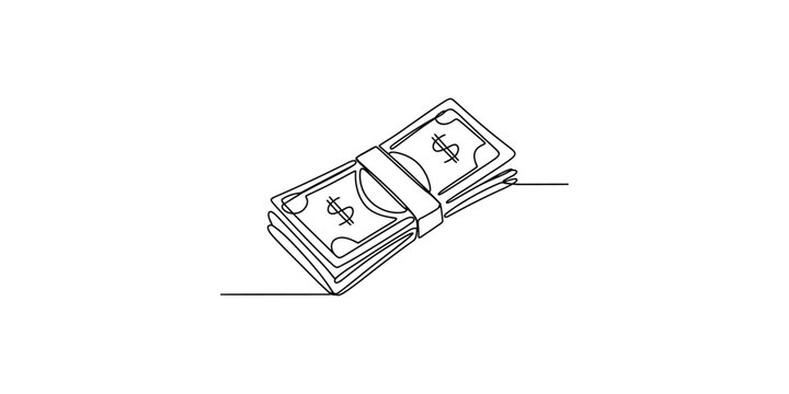 A simple line drawing of a stack of money with a rubber band around it on white background