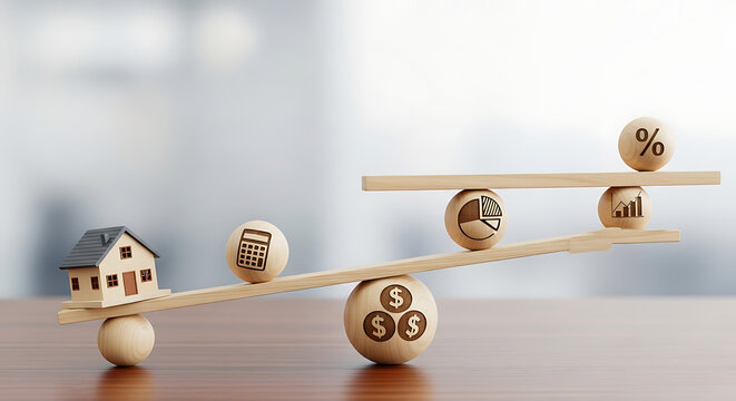 Miniature house balanced on seesaw representing real estate investment with investment mortgage property business interest percentage building financial management