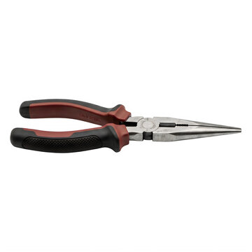 A pair of long nose pliers with red and black handles is isolated on a black background.