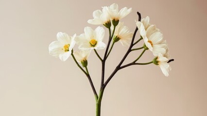 Obraz premium Delicate White Flowers with Yellow Centers on Branching Stems Isolated on Beige Background - Minimalist Floral Concept