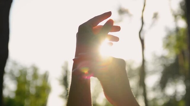 Two hands reaching up towards the bright sun in a forest. A feeling of hope and connection in nature.